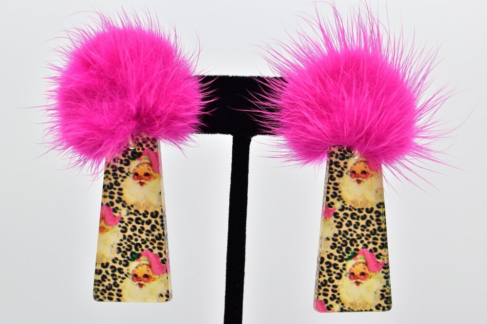 Mary Kathryn Pink Santa Claus Earrings Puff Ball Leopard Christmas Holiday Bin7